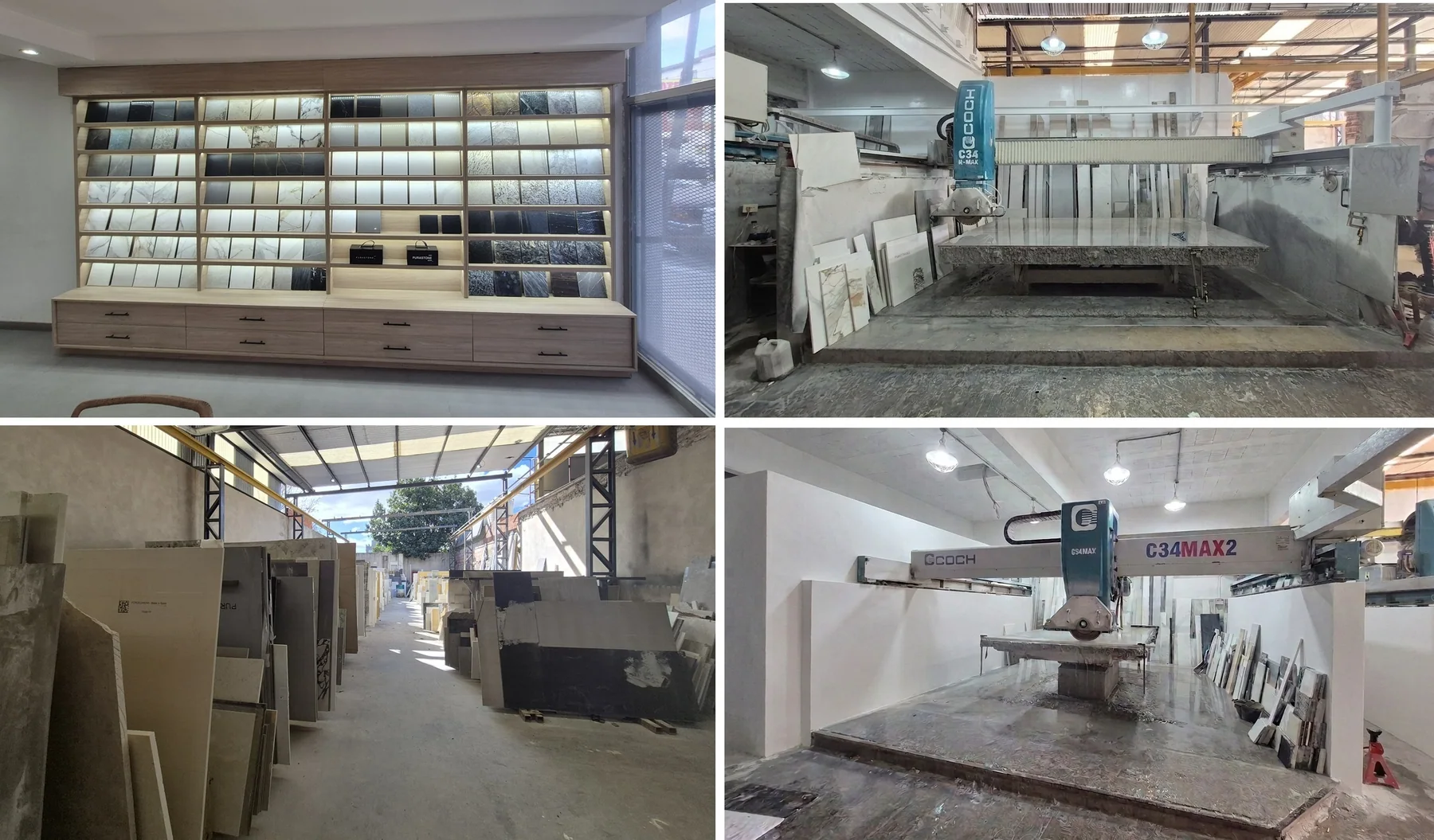 Showroom y taller de Marmolería Gaona: exhibidor de muestras, las dos cortadoras y el depósito de placas