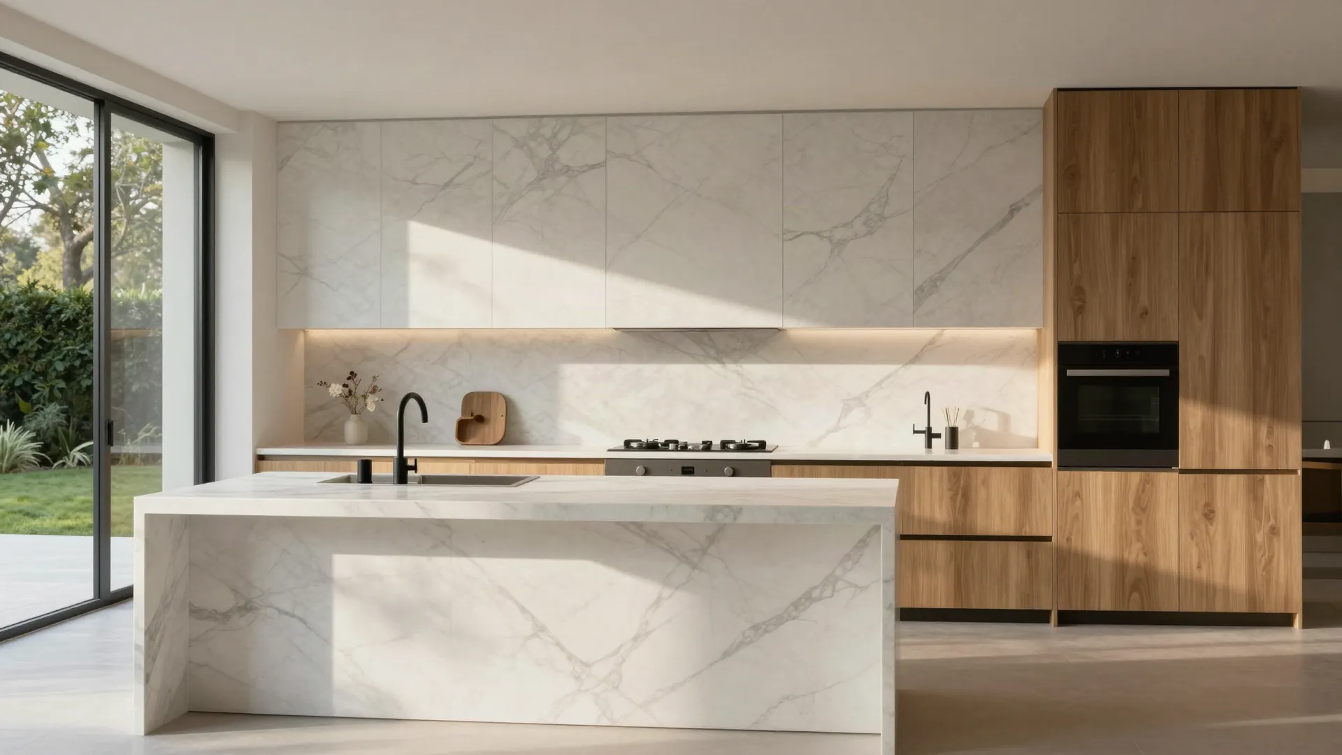 Cocina con isla y frente en placa de mármol blanco de veta gris, bajo luz natural